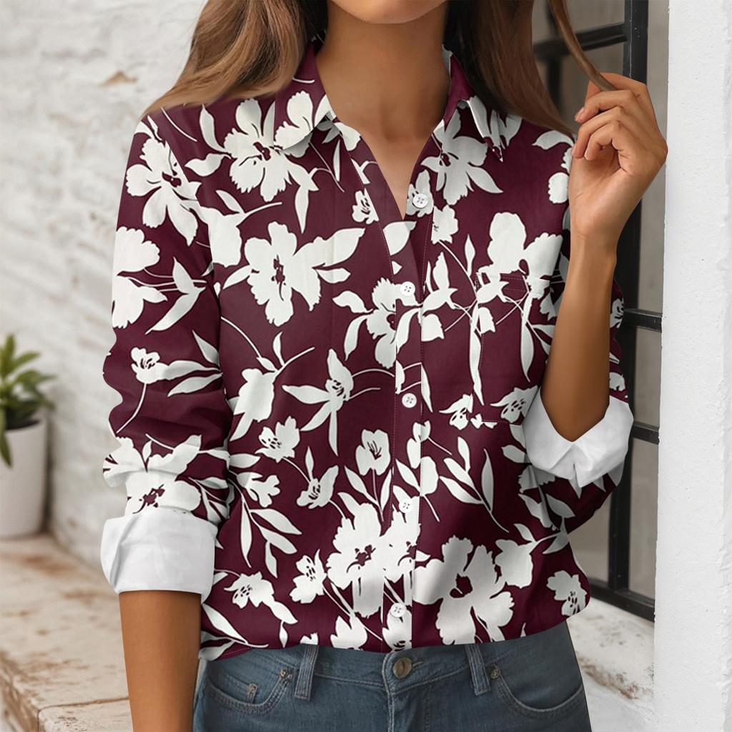 Women's Button Down Prints Shirt Long Sleeve Shirt Business Work Tops Casual With Pockets Jacket