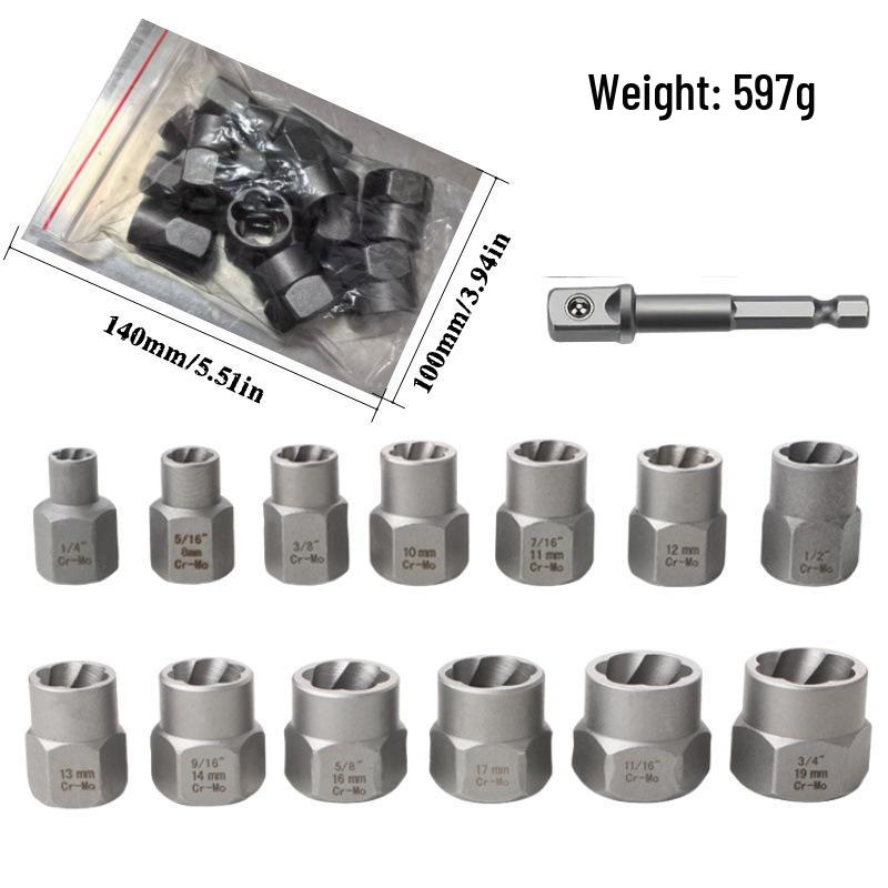 14dílná sada extraktorů šestihranných matic pro poškozené matice