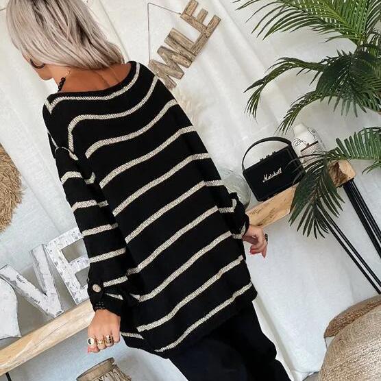 S-5XL Winter Stripe Clash Colour Round Neck Long Sleeve Loose Pocket Women's Fashion Sweater