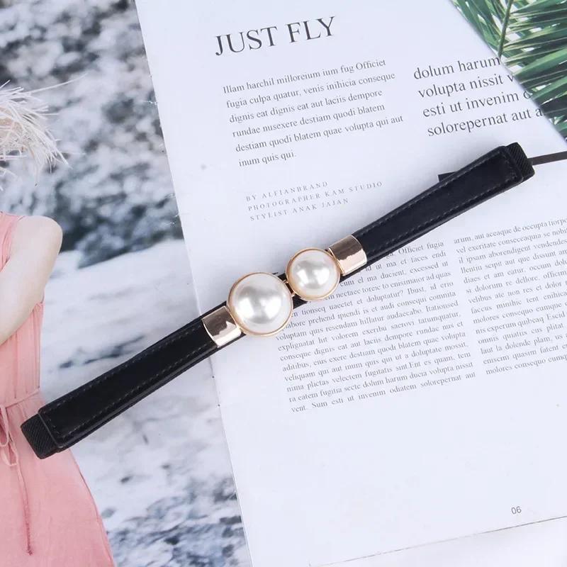 Elegant Vintage Pearl Waist Chain Belts Women's Sweater Jacket Hooks Elastic Slim Fit Leather Belt