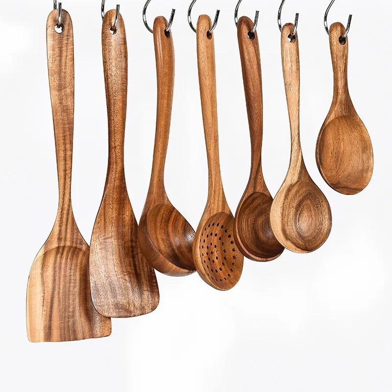 1/7Pcs Wooden Cooking Utensils, Kitchen Utensils for Nonstick Cookware - Turner Soup Spoon Spatula Strainer