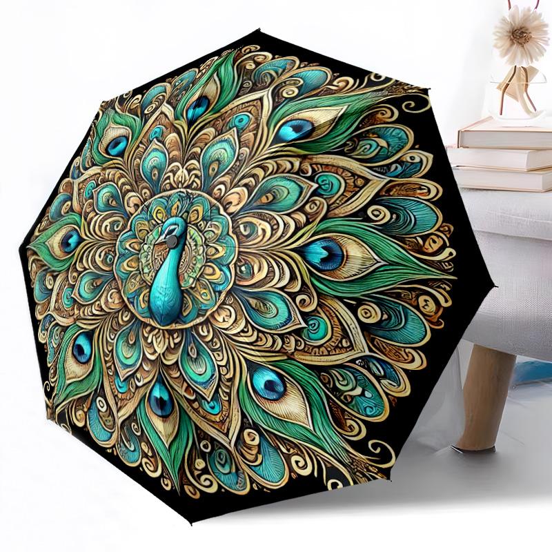 Blue Peacock Garden Outdoor Automatic Umbrella Retractable Design with 8-Rib Durability Lightweight Perfect Gift for Friends Family