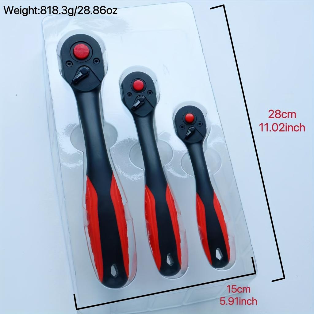 Set of 3-piece 72-tooth Compound Ratchet Wrench Set, Full Composite Housing In Chrome Vanadium Steel, Chrome Handle, Quick Loading