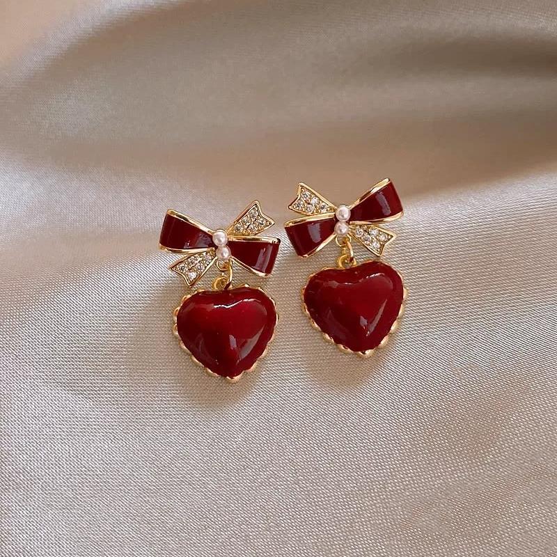 Red Ribbon Bow-knot Vintage Stud Earrings For Women Korean Fashion Autumn Winter Simple Bow Red Stud Earrings Geometric Earring