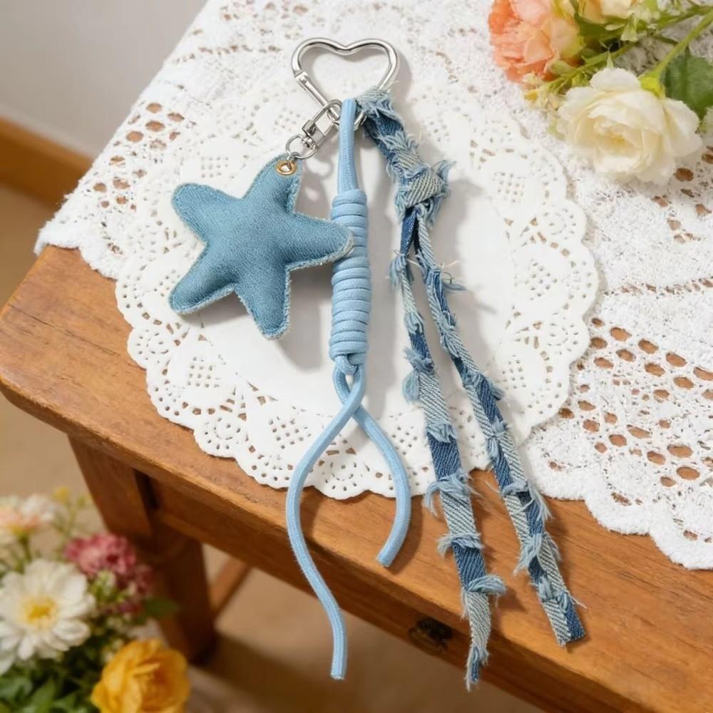 Star Heart Pendant Denim Keychain Distressed Frayed Keychain Pendant for Women Ladies Bag