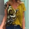 Women's Retro Rose 3D Digital Print Summer Loose Quick Drying T-shirt V-neck Women's Clothing Shirt
