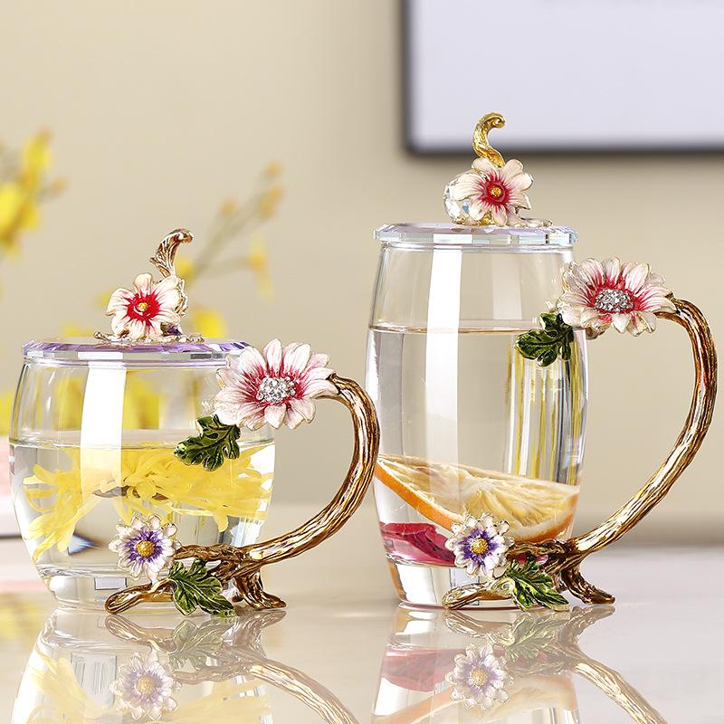 Paris March Enamel Flower Tea Cup - High-Temp Resistant Crystal Glass Gift for Teacher's Day or Girlfriend