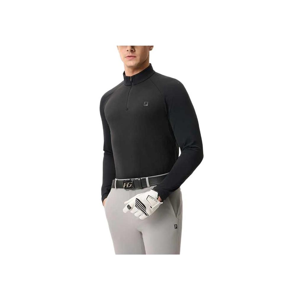 FILA Golf Series Comfortable Solid Color Pullover Stand Collar Long Sleeve T-Shirt Men Tops Deep-Black A11M515216F-BK
