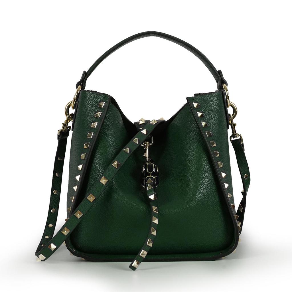 Women's Retro Rivet Cowhide Bucket Bag with Leopard Head Design