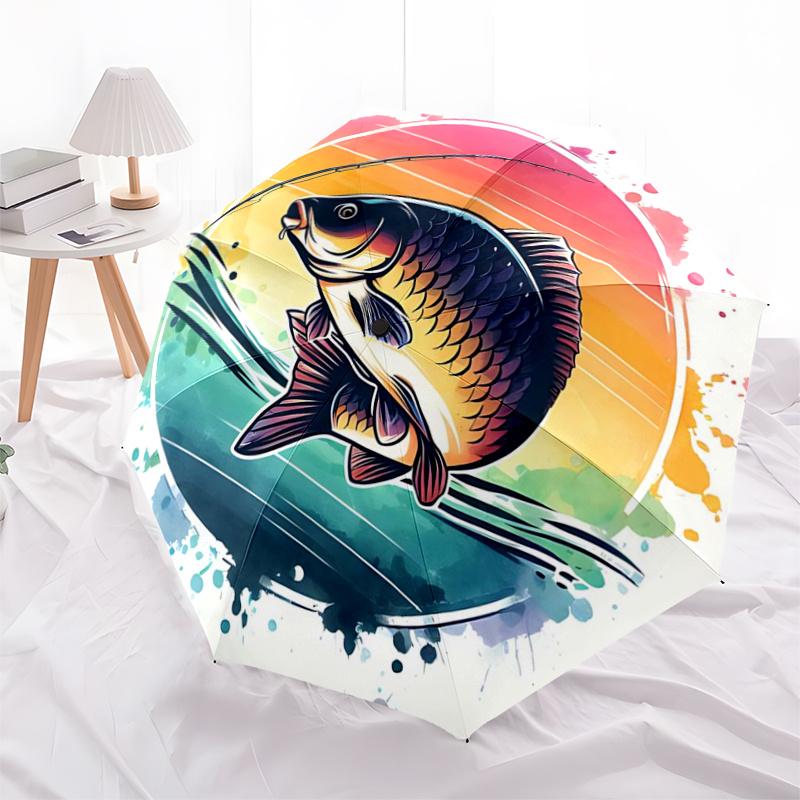 Colorful Fish Sunset Design Automatic Opening/Closing Umbrella with Foldable Design - Perfect for Fans, Travelers, Daily Use, and Festive Gi