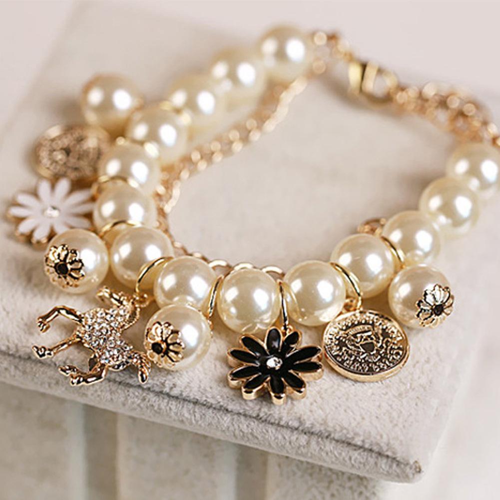 Bangle Bracelets Heart Flower Pearl Crystal Beaded Bracelet for Women Jewelry
