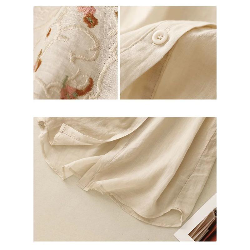 Literary Floral Embroidery Women O Neck Linen Long Shirts Loose Summer Blouses Sum Protection Casual