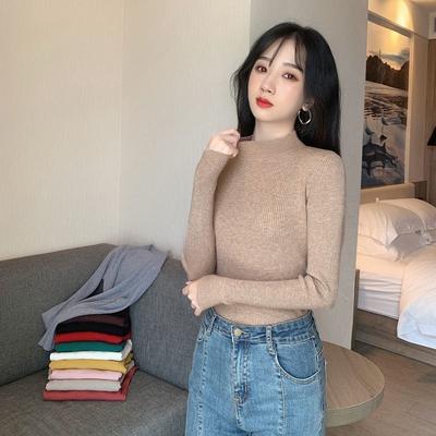 Autumn Winter Round Neck Long Sleeve  Slim Fit Tight Short Knitwear Top Women's Base Sweater