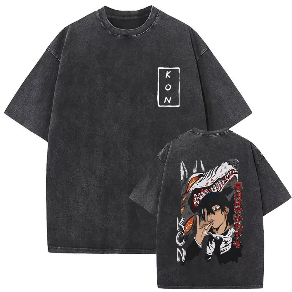 Manga Chainsaw Man Grafik-T-Shirt Hayakawa Aki Druck Vintage-Wasch-T-Shirt Baumwolle Übergroßes T-Shirt Streetwear Damen Herren Kleidung