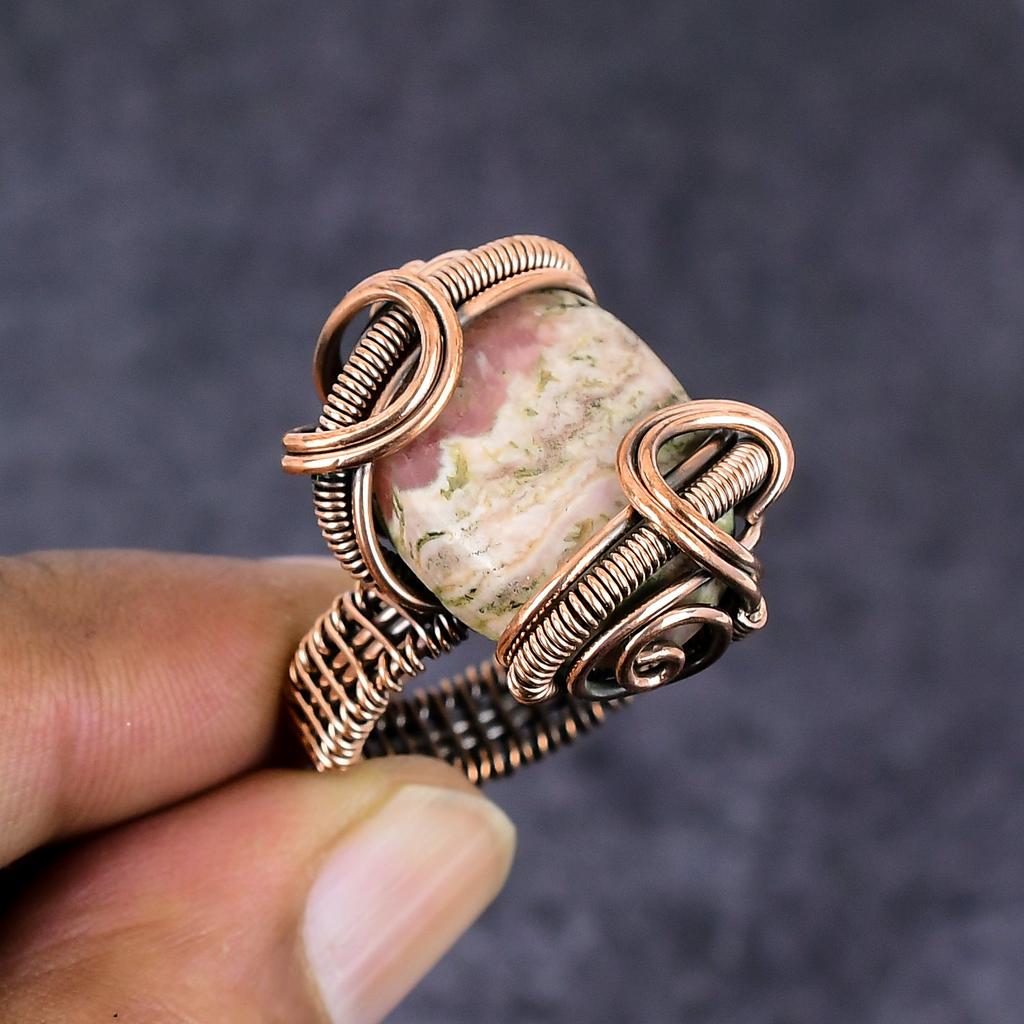 Natural Rhodochrosite Gemstone Copper Wire Wrap Jewelry Ring Size 8.5 ET-4661
