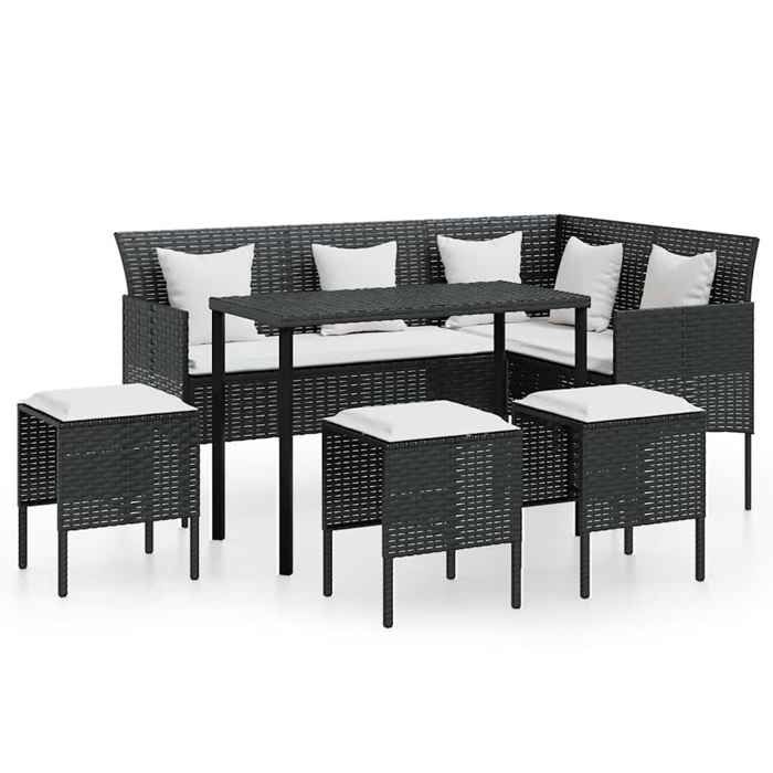 Salon de jardin 5 pièces Résine tressée Noir avec coussins