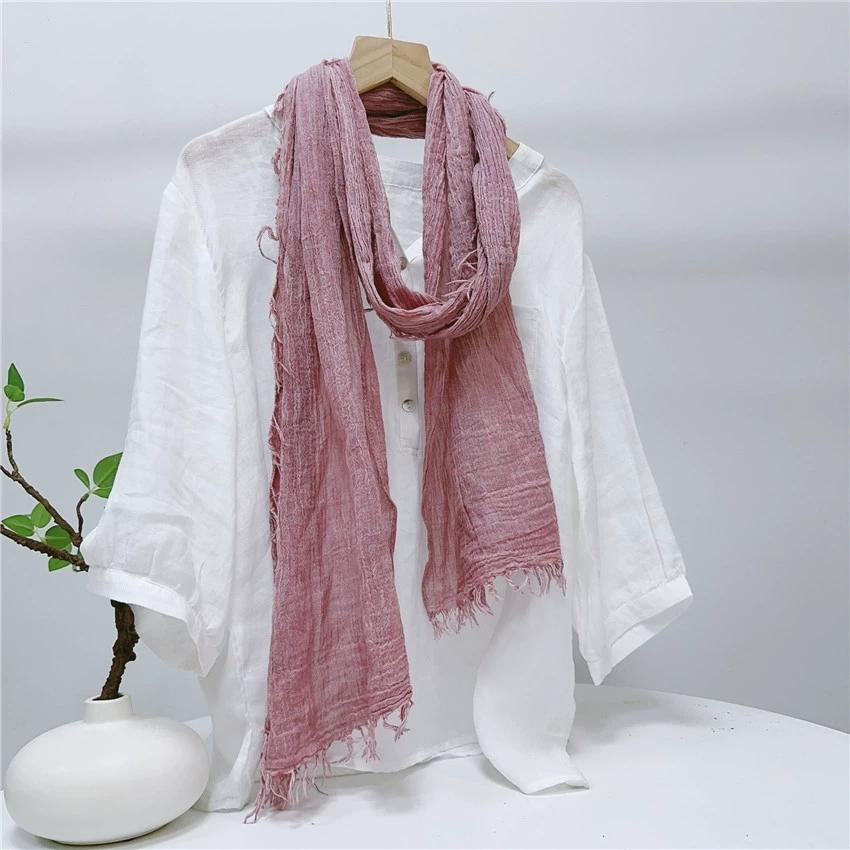 Retro Fluffy Edges Cotton Scarf Personality Wrinkle Design Slender Spring Summer Long Scarves