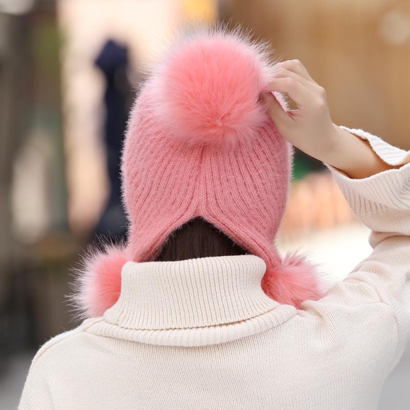 Neue Hohe Qualität Warme Mütze Frauen Kaninchen Fell Winter Hut Weibliche Mode Fügen Pelz Gefüttert Pompons Gestrickte Hut