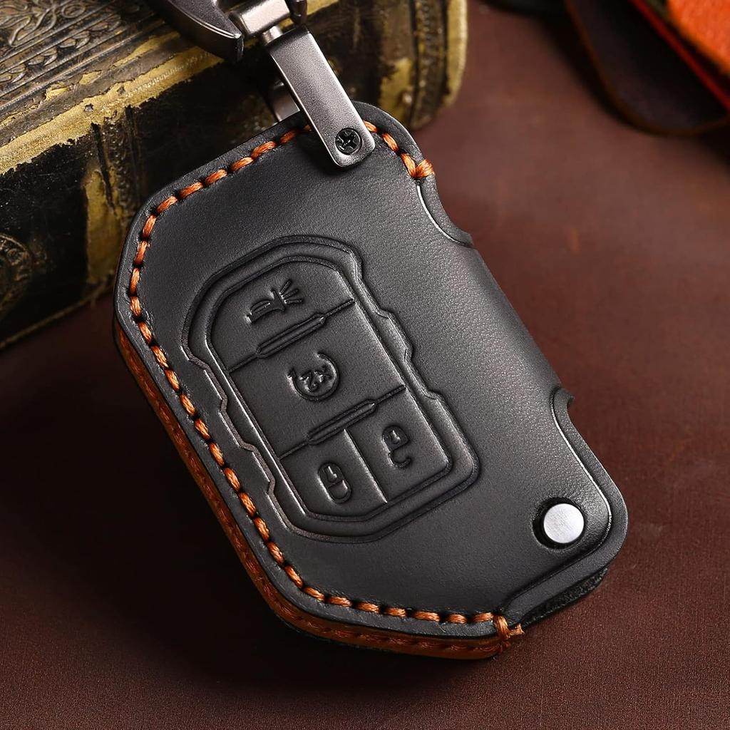 EASYANT Handmade Leather Car Key Fob Cover Compatible with Jeep 2018-2024 Wrangler Gladiator Sahara Rubicon 4 Buttons Black