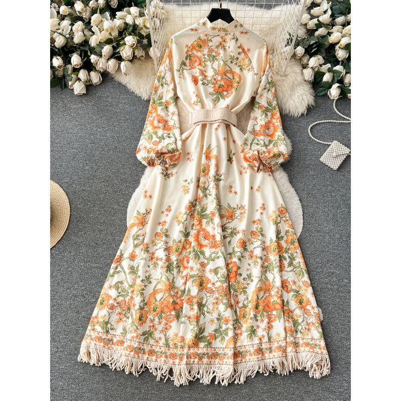 Palace Style Niche Style Print Long Puff Sleeve Dress