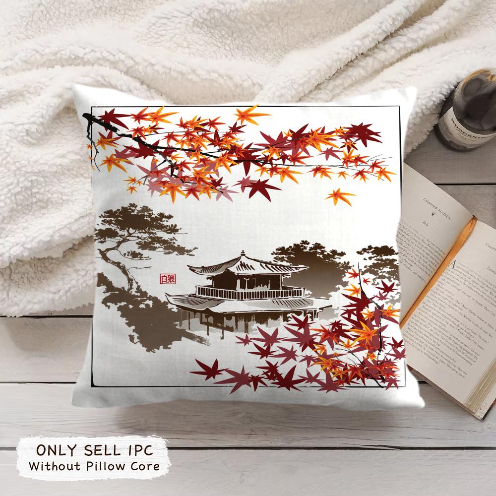 Japanese Pagoda Landscape Cushion Cover Soft Short Plush Pillow Cover Smooth Cozy Texture Aesthetic Cushion Case Home Decor