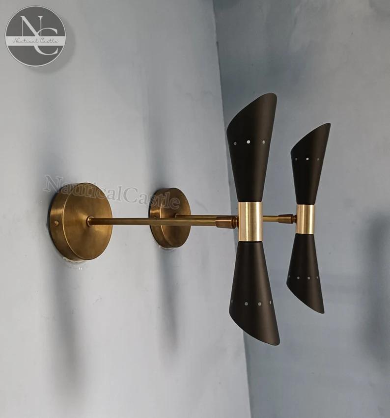 Brass Diablo Wall Sconce Pair: Mid Century Italian Plug-In Light
