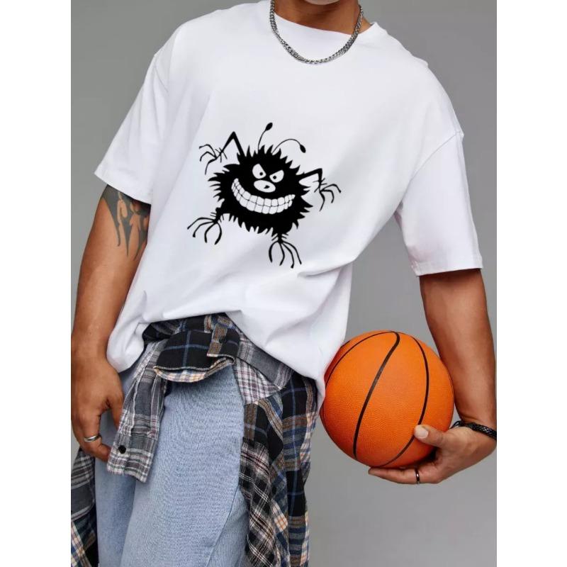 Cotton T Shirt White Black Cartoon Spider Print for Casual Wear
