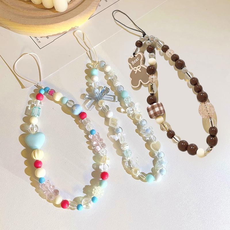 Blue Pink Bowkont Beads Phone Chain Sweet Cool Love Bear Hanging Rope Camera Lanyard Anti-Lost Wrist Straps Bag Accessories
