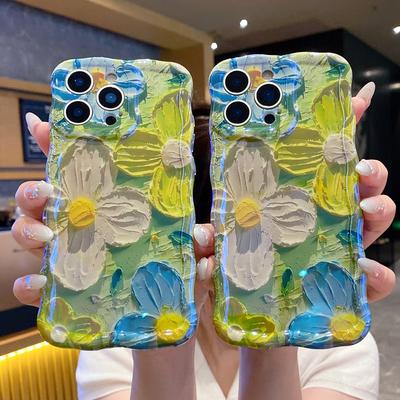 Olieverf Bloemen Telefoonhoesje Voor iPhone 16 15 14 Pro Max 16Promax Zachte IMD Schokbestendige Bumper Golvende Frame Cover Voor iPhone 11 12 13 Pro