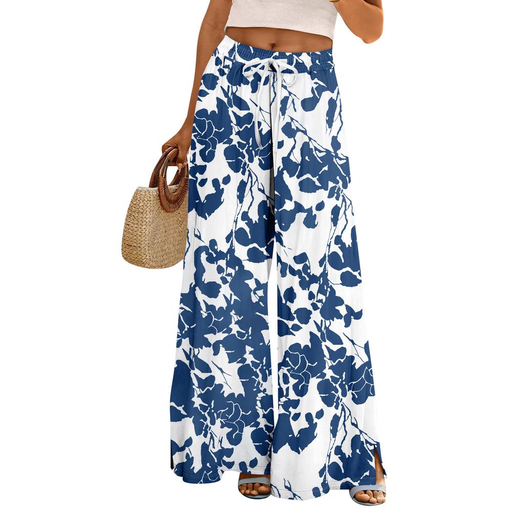 Women Summer Boho Palazzo Pants High Waist Wide Leg Floral Printing Casual Trousers With Pockets