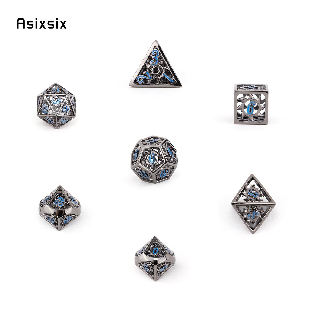7 bucăți, negru, albastru, rotativ, zaruri metalice, zaruri metalice poliedrice goale, potrivite pentru jocuri de rol RPG, jocuri de cărți