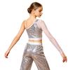Girls Shiny Sequins Sheer Mesh Long Sleeve One Shoulder Side Zipper Crop Top