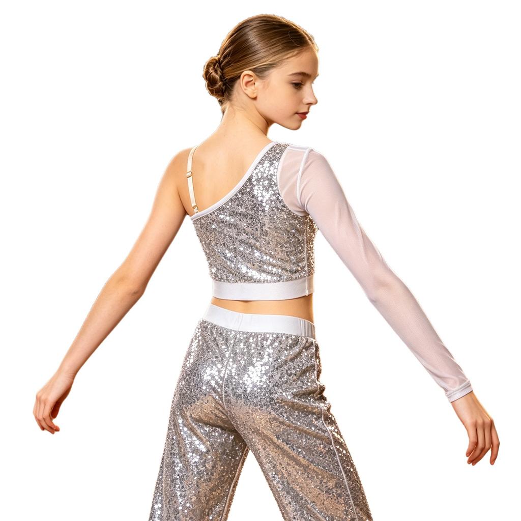 Girls Shiny Sequins Sheer Mesh Long Sleeve One Shoulder Side Zipper Crop Top