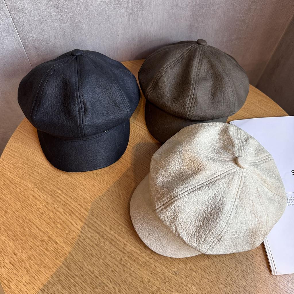 Letter Material Pu Curved Brim Octagonal Cap Cold Season Accessories Fashion