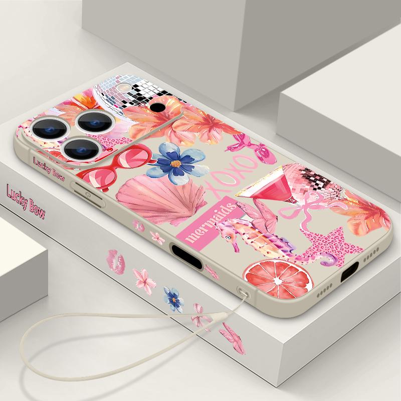 For iPhone 17 Pro Max Case Pink Cartoon Floral Pattern Soft Silicone Lanyard Cover For iPhone 16 Pro Max Cover iPhone 15 14 13 12 11 16E Air