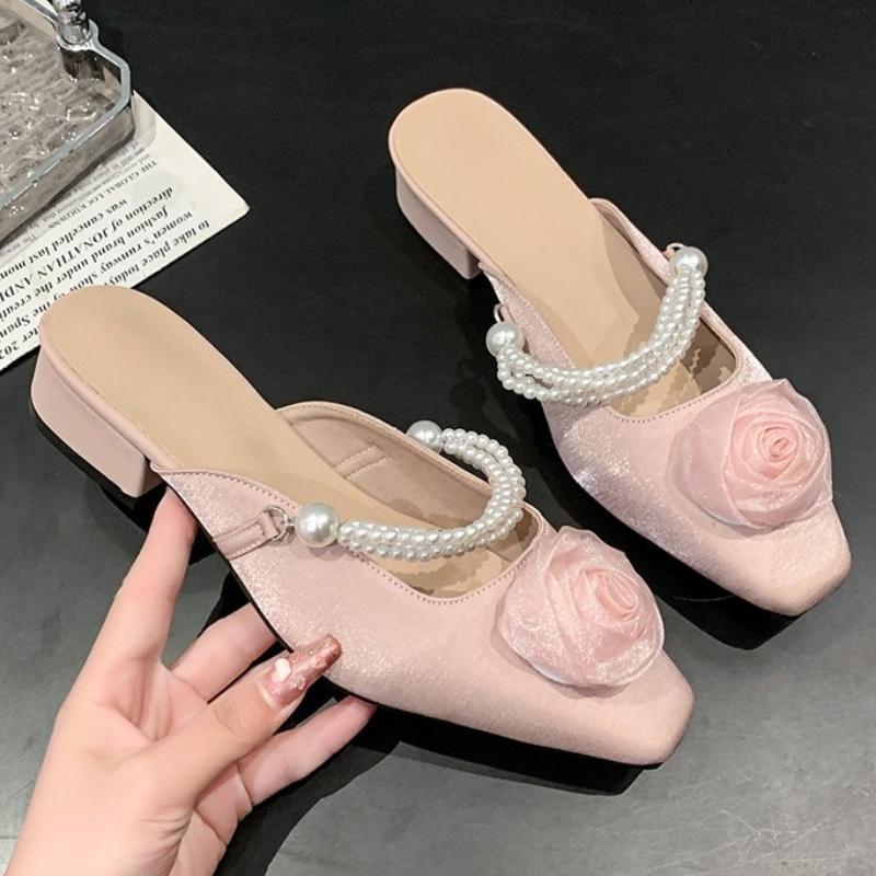 Fashion Elegant Mid Heels Women Slippers Flower Bead Heeled Shoes 2025 Fashion New Sandals Pumps Summer Trend Square Toe Shallow Slides