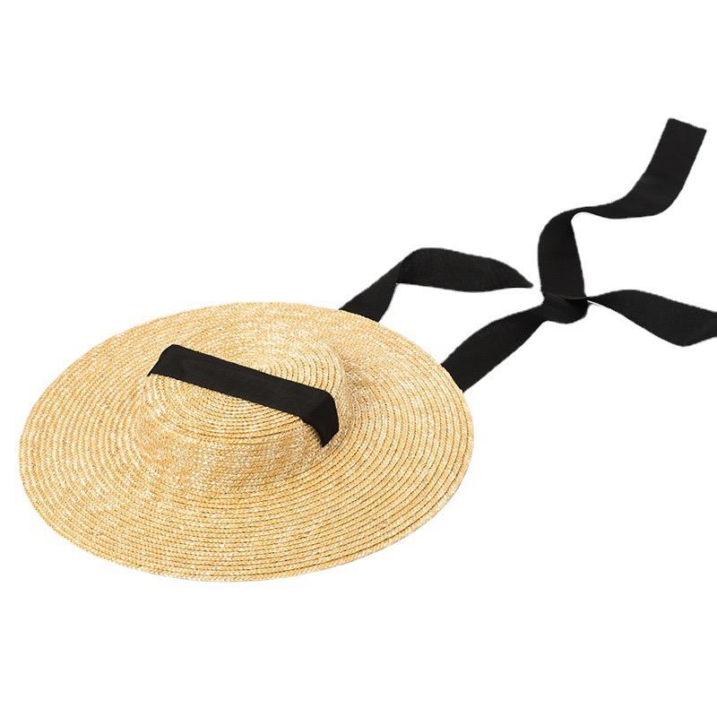 2026 Sommer Breiter Rand Boater Hut Schwarz Weiß Band Bindung Strohhut Flach Damen Sommer Derby Hut 10cm 15cm Rand Chapeu Strand Sonnenhut