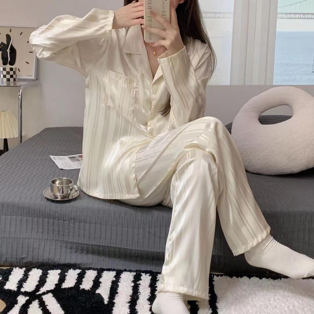 Lace Long Sleeve Black Cardigan Pajamas for Women – Sweet and Loose Spring/Autumn Homewear with Long Pants