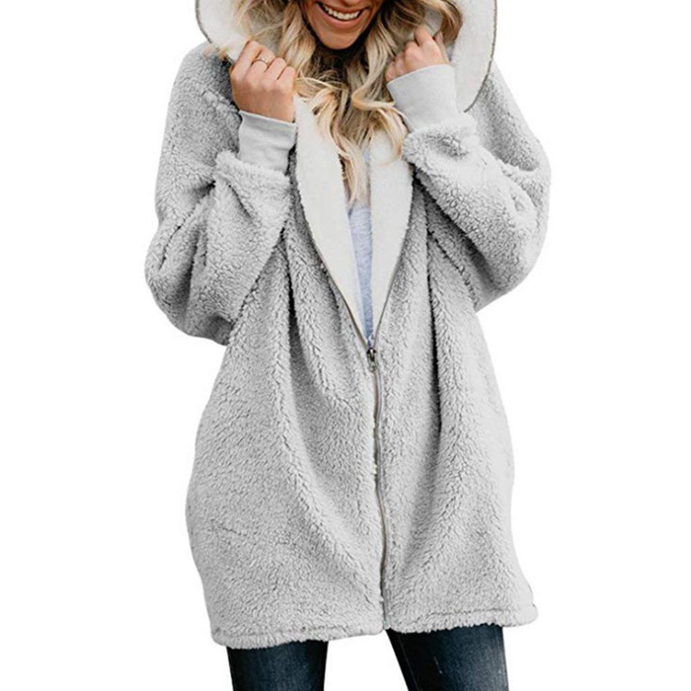 Fashion Solid Color Long-sleeved Hooded Knit Cardigan Jacket Winter Warm Zipper Coat