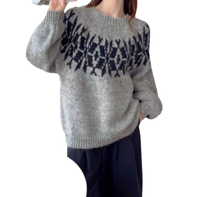 Retro Jacquard Lantern Sleeve Crew Neck Pullover Sweater Women's Lazy Wind Loose Age Reduction Autumn and Winter New Knitted Sweater