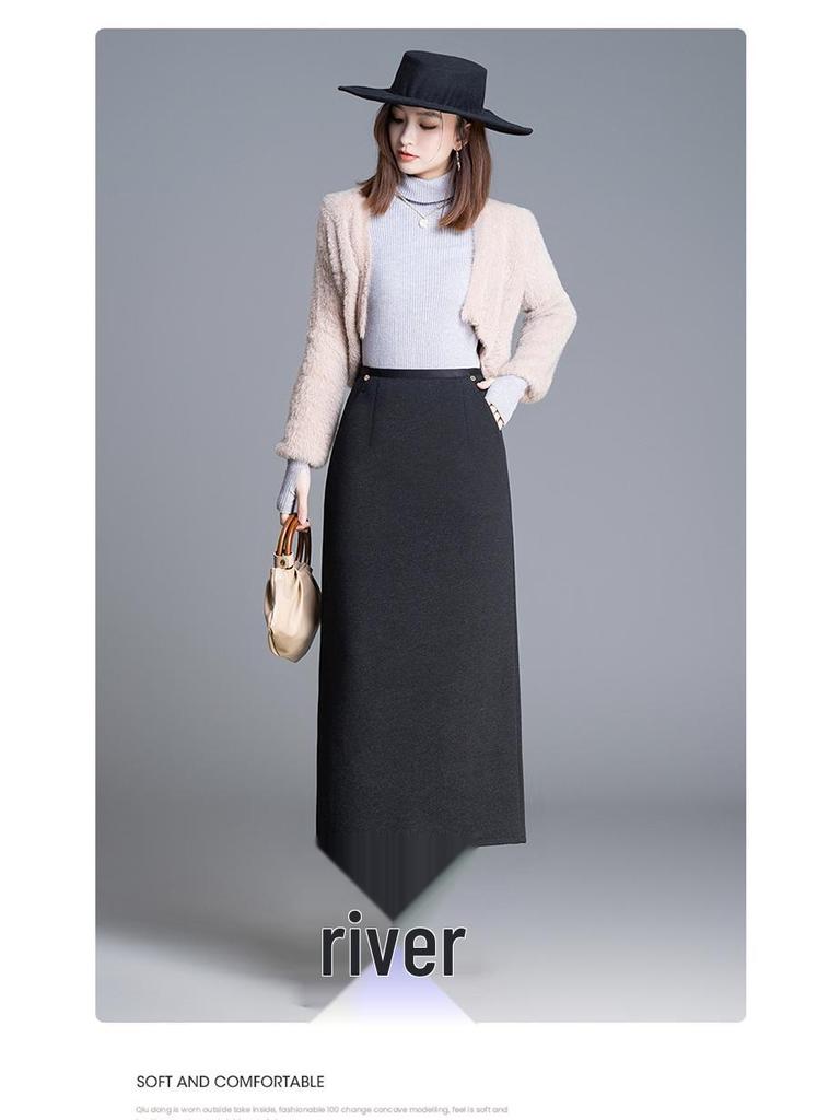Women's High-Waisted Tweed Midi Skirt - Winter 2025 Slim Fit with Back Slit