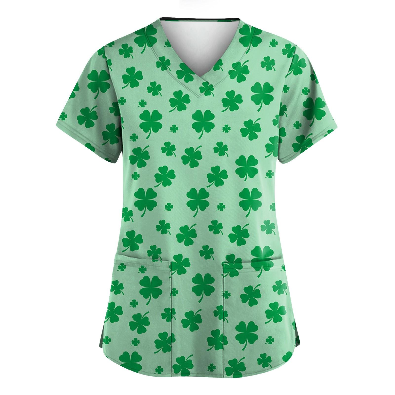 

Женская мода с v-образным вырезом, короткими рукавами и карманами, топы с принтом XL