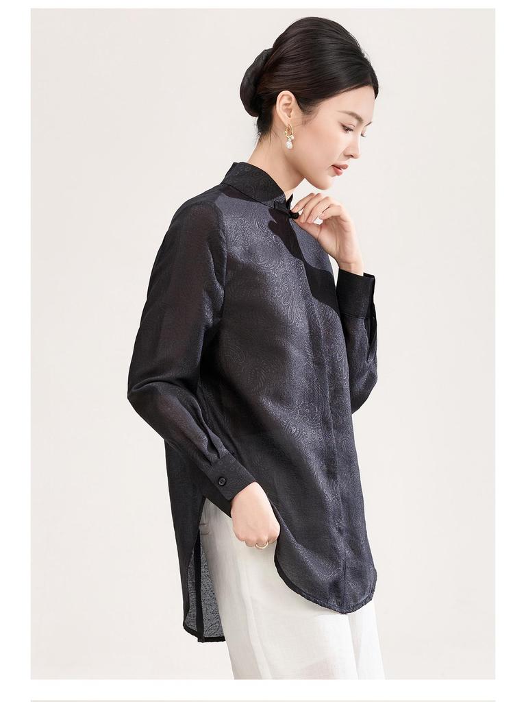 High-End Women's Silk Jacquard Frog Button Zen Shirt - Chinese Style Tea Ceremony Top for Spring