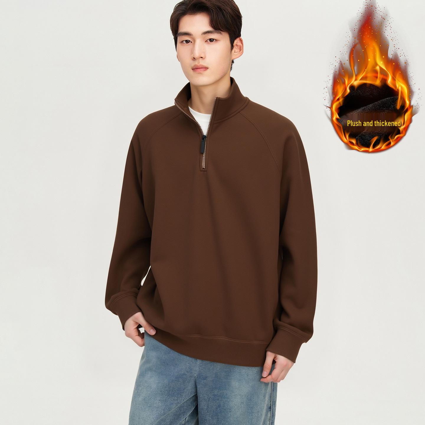 Men s 2025 Winter Black Fleece-Lined Half-Zip Stand Collar Sweatshirt XL