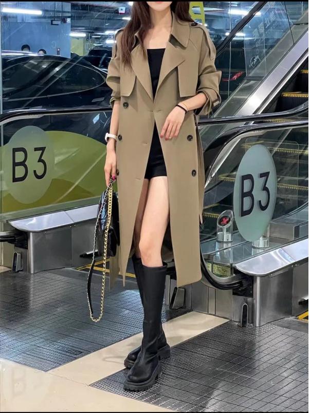Women's 2025 Spring/Autumn French Trench Coat: British Style, Double-Breasted, Over-the-Knee, Mid-Length, Loose Fit
