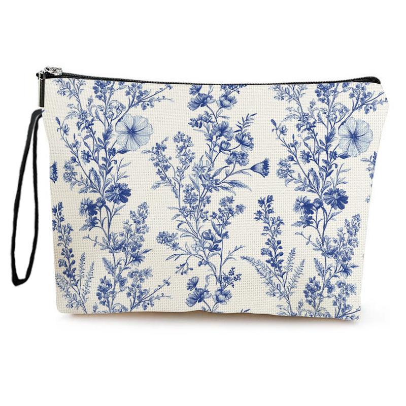 

Vintage Blue Floral Women Makeup Bag Portable Lipstick Makeup Zipper Wash Square Bag Large Capacity Storage Bag For Gift S