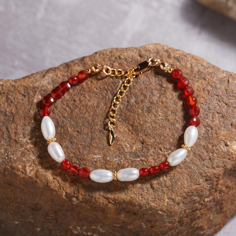 Premium S925 Sterling Silver Natural Agate Clavicle Chain Pearl Necklace French Exquisite Natal Year Handmade Beads