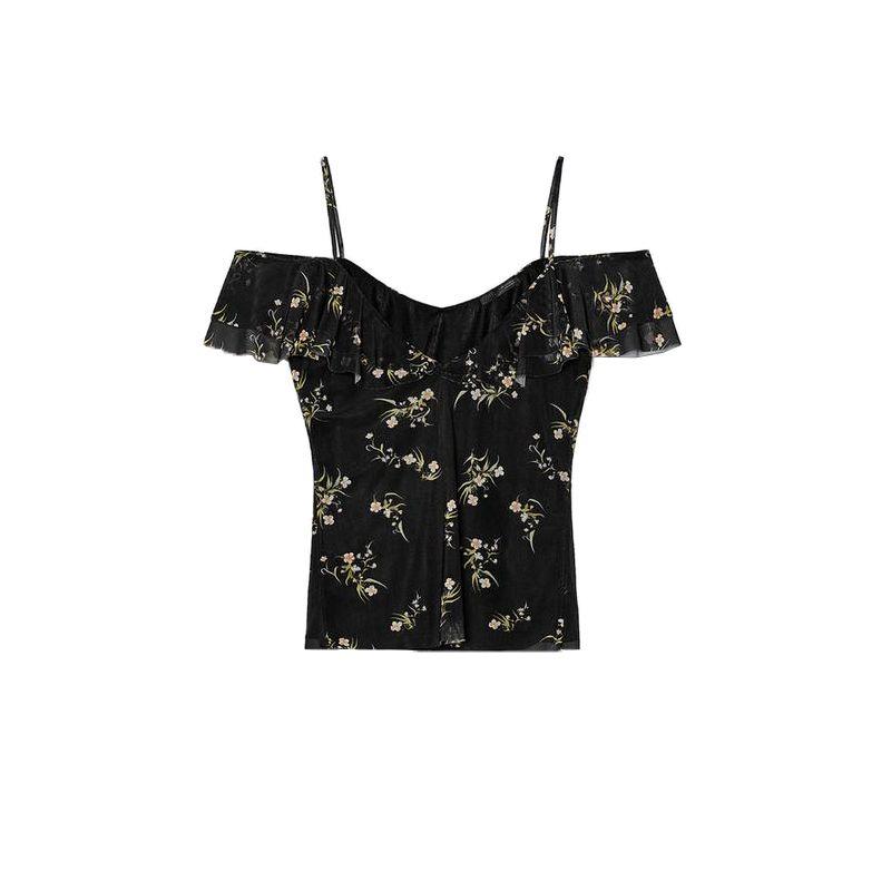 

Шелковый сетчатый топ-майка с принтом, прямой воротник 5039124, ламинированная декоративная печать, шелковая сетчатая юбка с принтом 5039125 Black Tops L