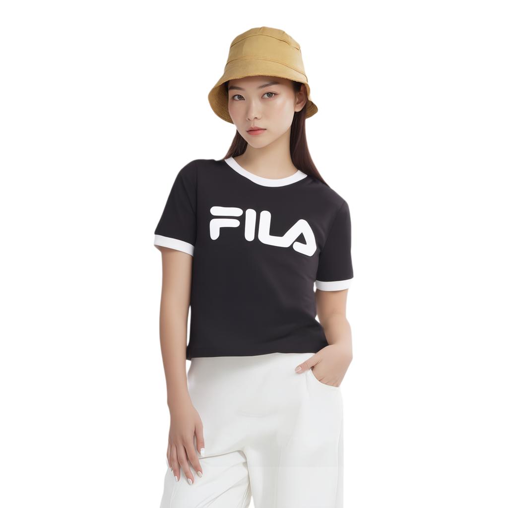 Fila Fusion Letter Large Logo Printed Cotton Regular T-Shirt Women Tops Black T11W022117FBK