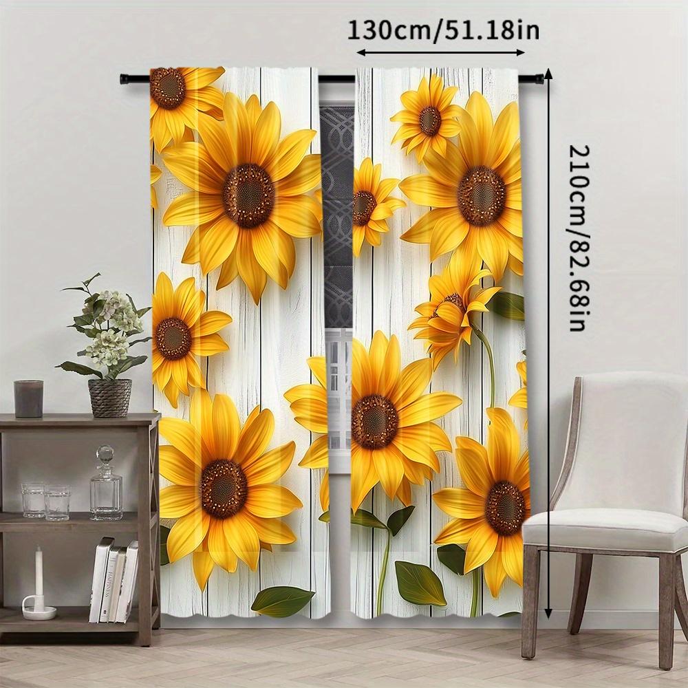 2pcs, Oil Painting Sunflower White Wooden Curtains, Curtains Rod Pocket Window for Bedroom Living Room Kitchen Office Home Decor